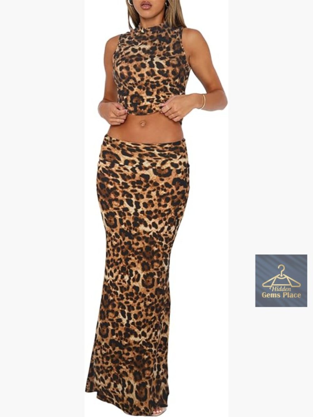 Slim Fit Two Piece Set, Crop Tank Top and Maxi Skirt, Polyester Spandex